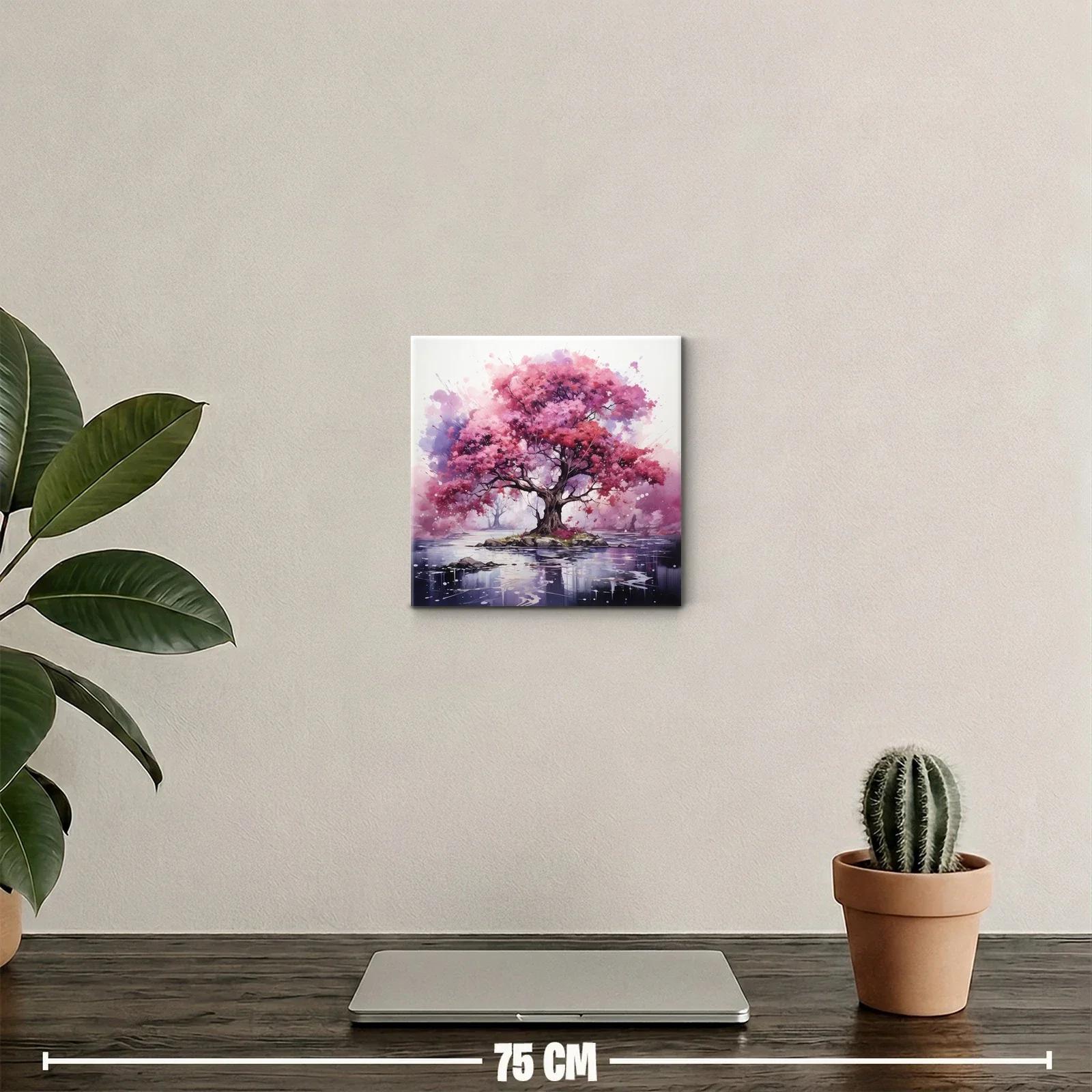 Árbol rosa vibrante sobre isla en lago sereno — miniatura 2