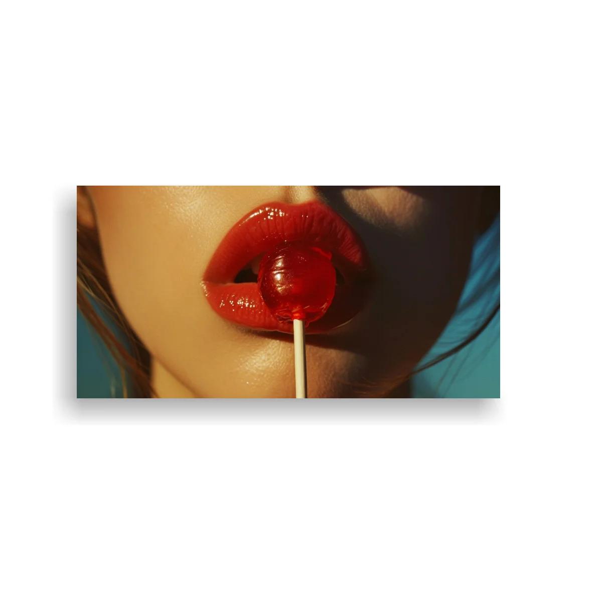 Cuadro labios rojos con piruleta y fondo liso