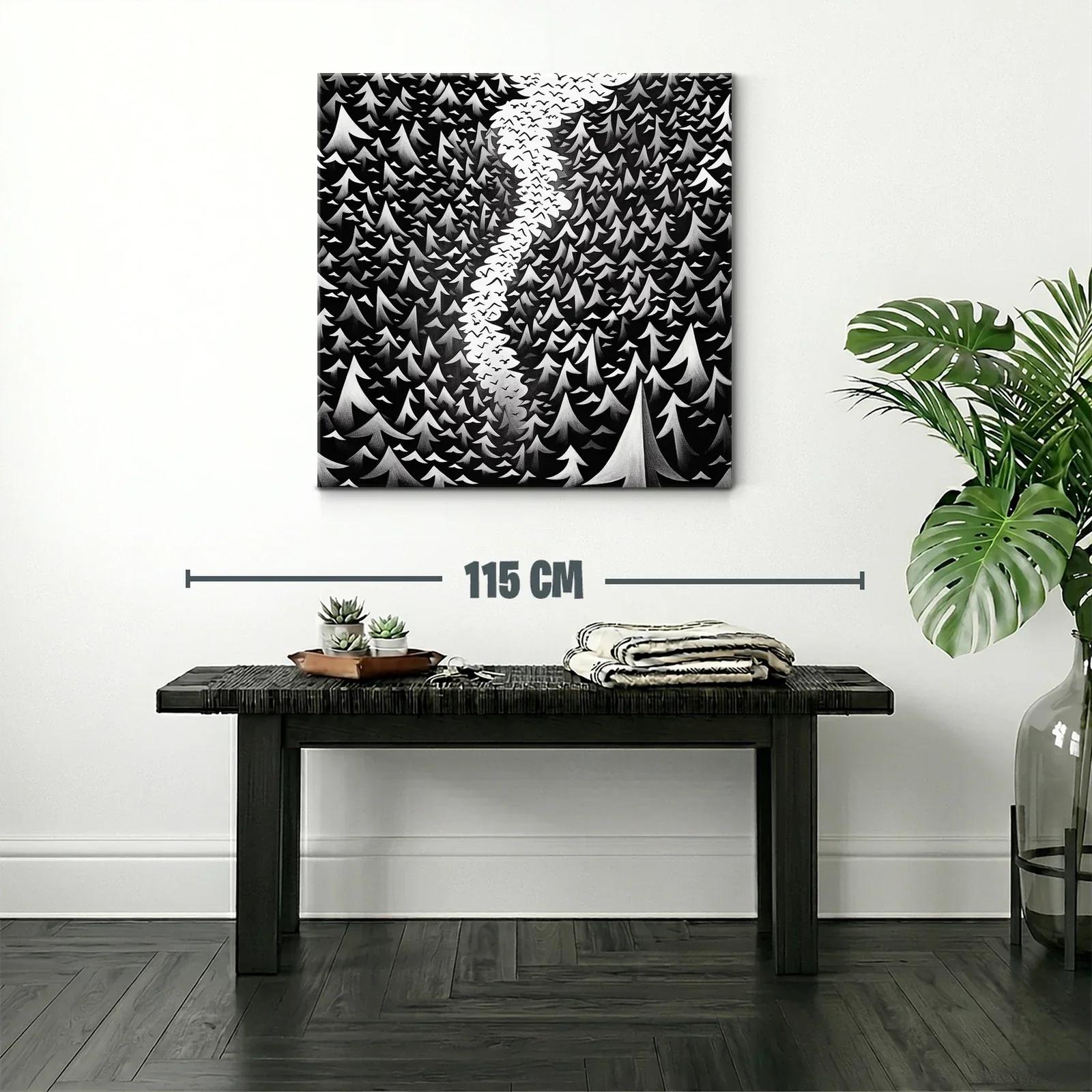 Bosque en blanco y negro con cielo lleno de aves — miniatura 2