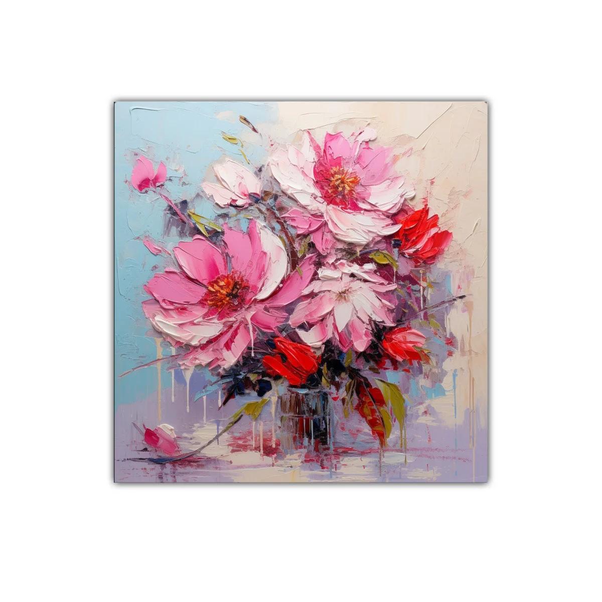 Cuadro floral vibrante con flores rosas y rojas