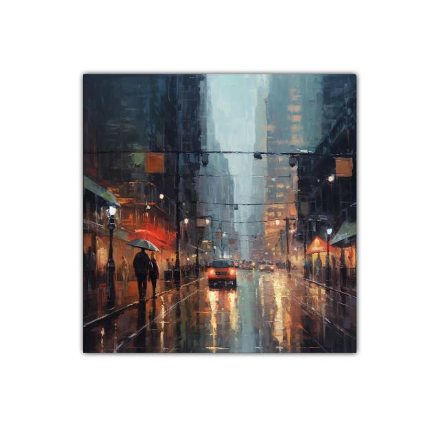 Paisaje urbano lluvioso con reflejos y luz cálida