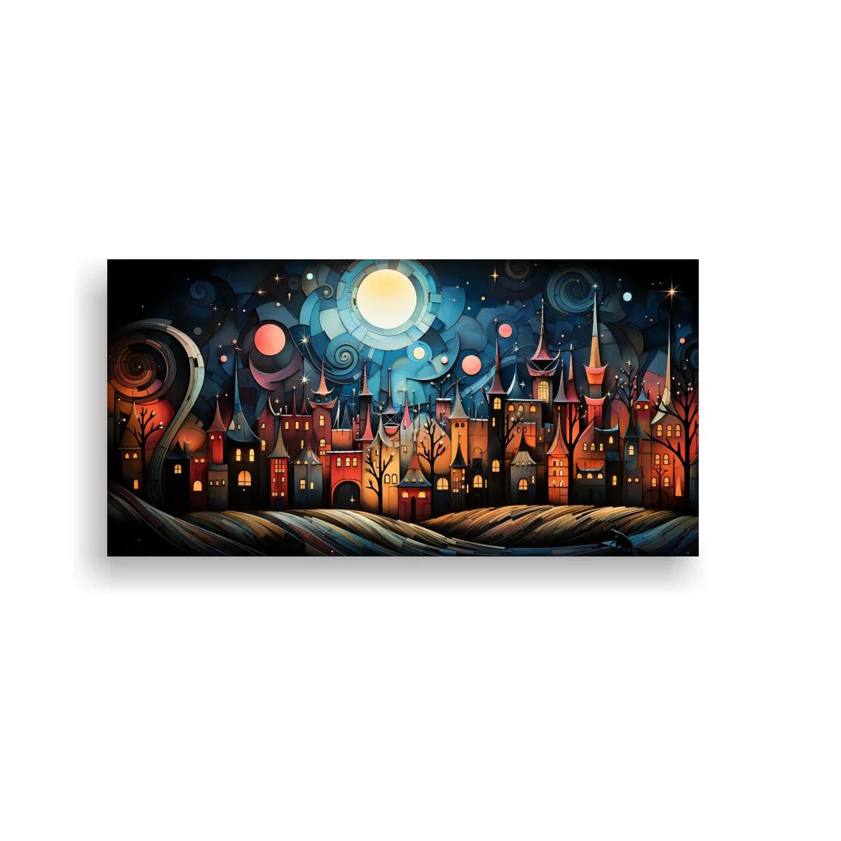 Cuadro ciudad de fantasía nocturna con luna grande — imagen principal