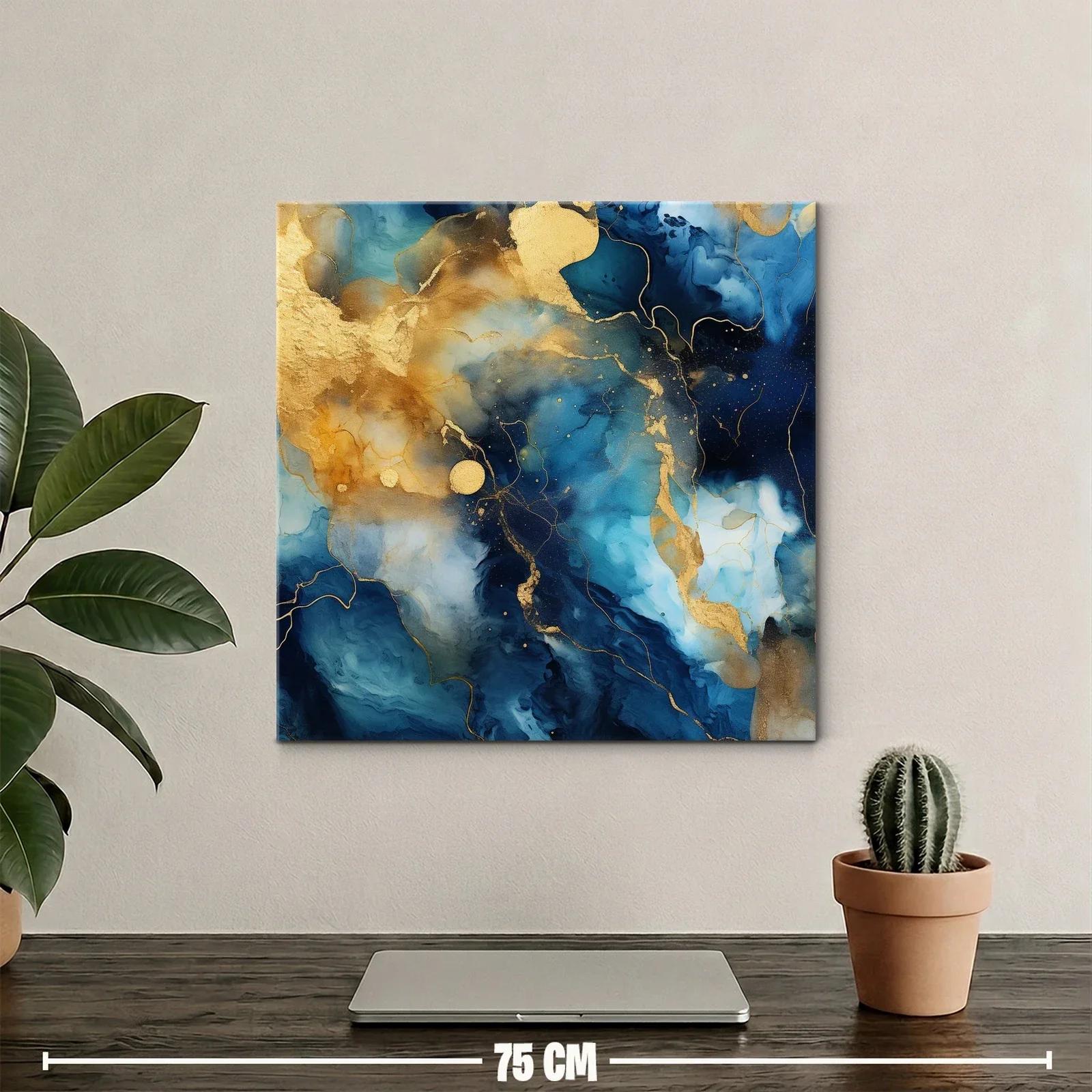 Cuadro abstracto en tonos azules y dorados con textura fluida — miniatura 2