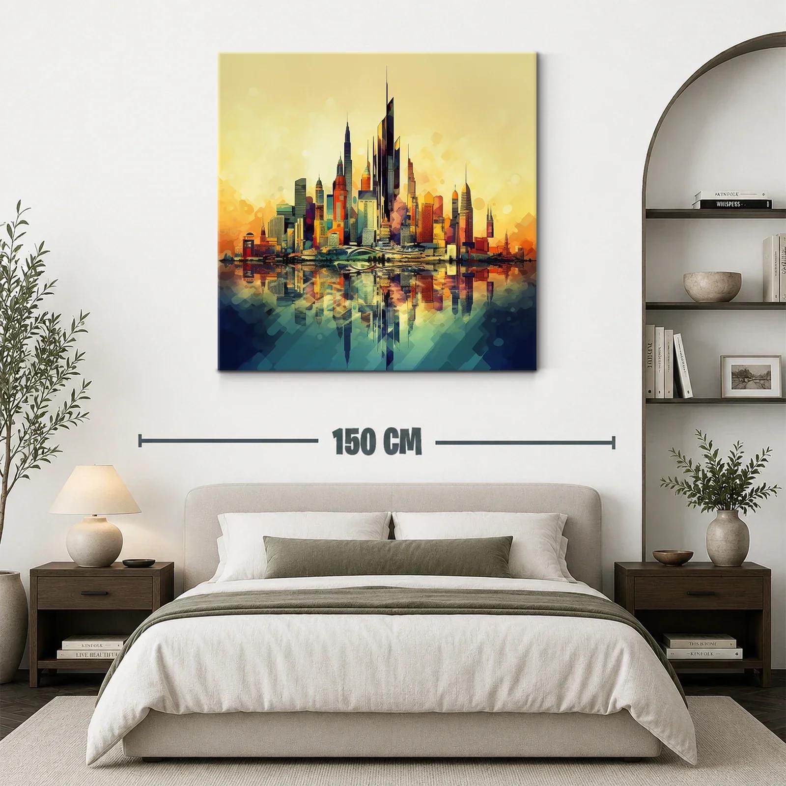 Vibrante ciudad futurista con reflejos al atardecer — miniatura 3
