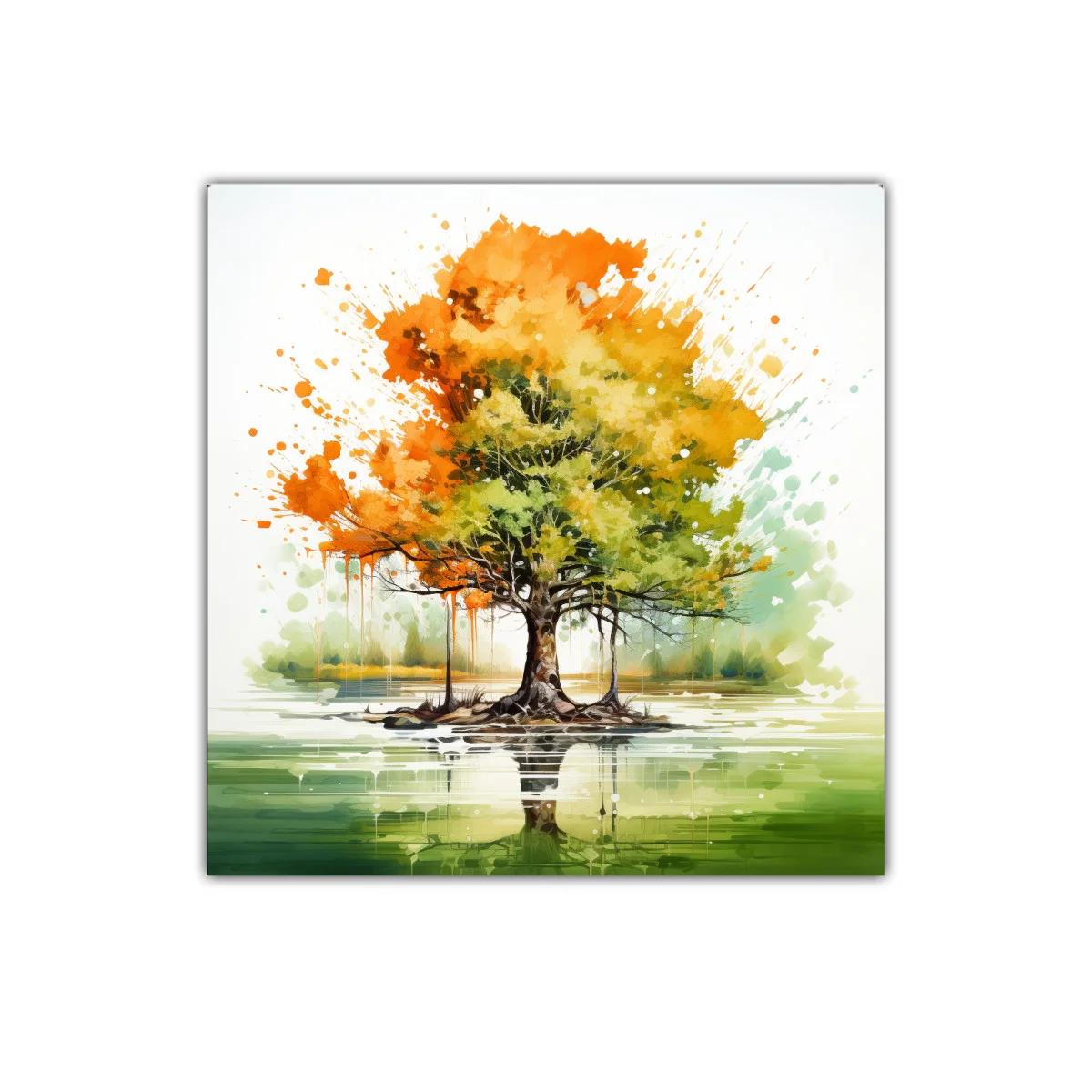 Árbol colorido reflejado en el agua con tonos otoñales — imagen principal