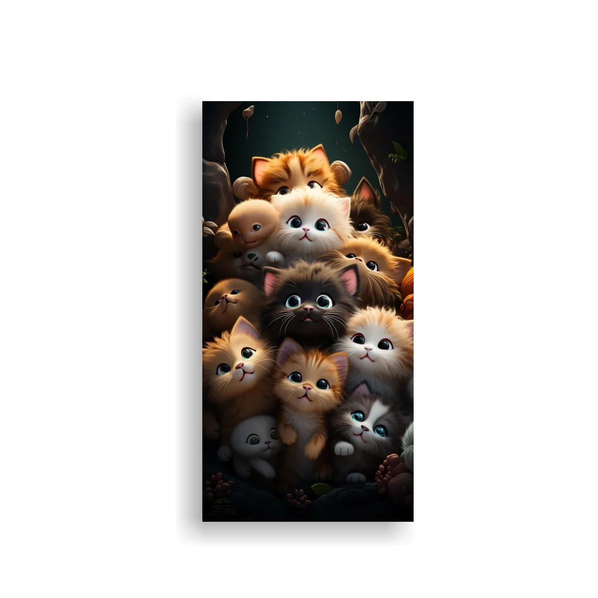 Cuadro grupo de gatitos entre hojas oscuras — imagen principal