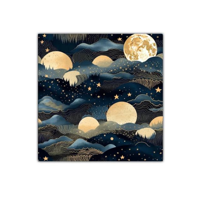 Cuadro decorativo paisaje nocturno con lunas doradas y estrellas