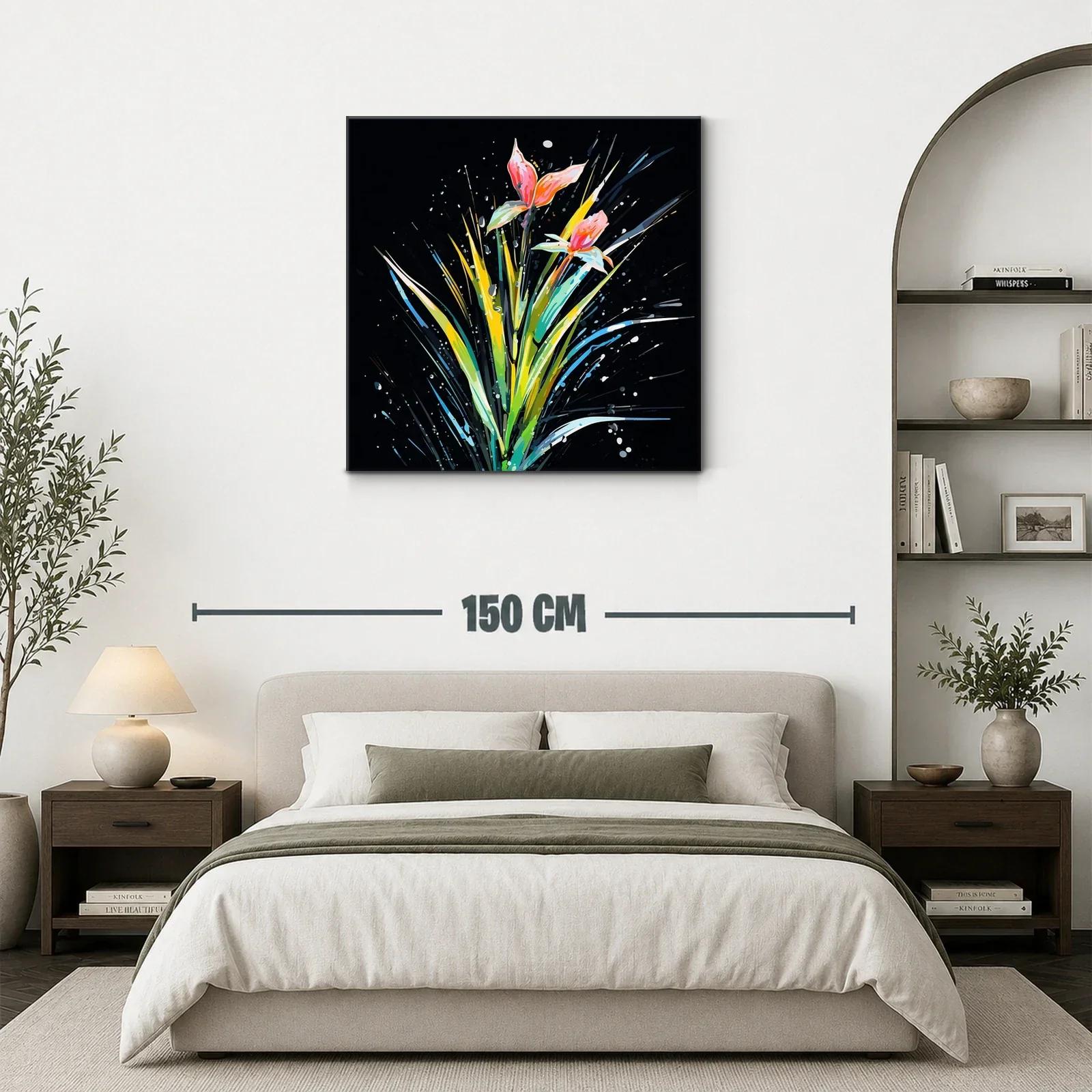 Cuadro moderno con flores vibrantes sobre fondo oscuro — miniatura 3