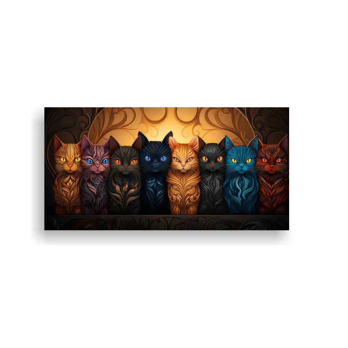 Cuadro grupo de gatos en fila frontal sobre fondo oscuro