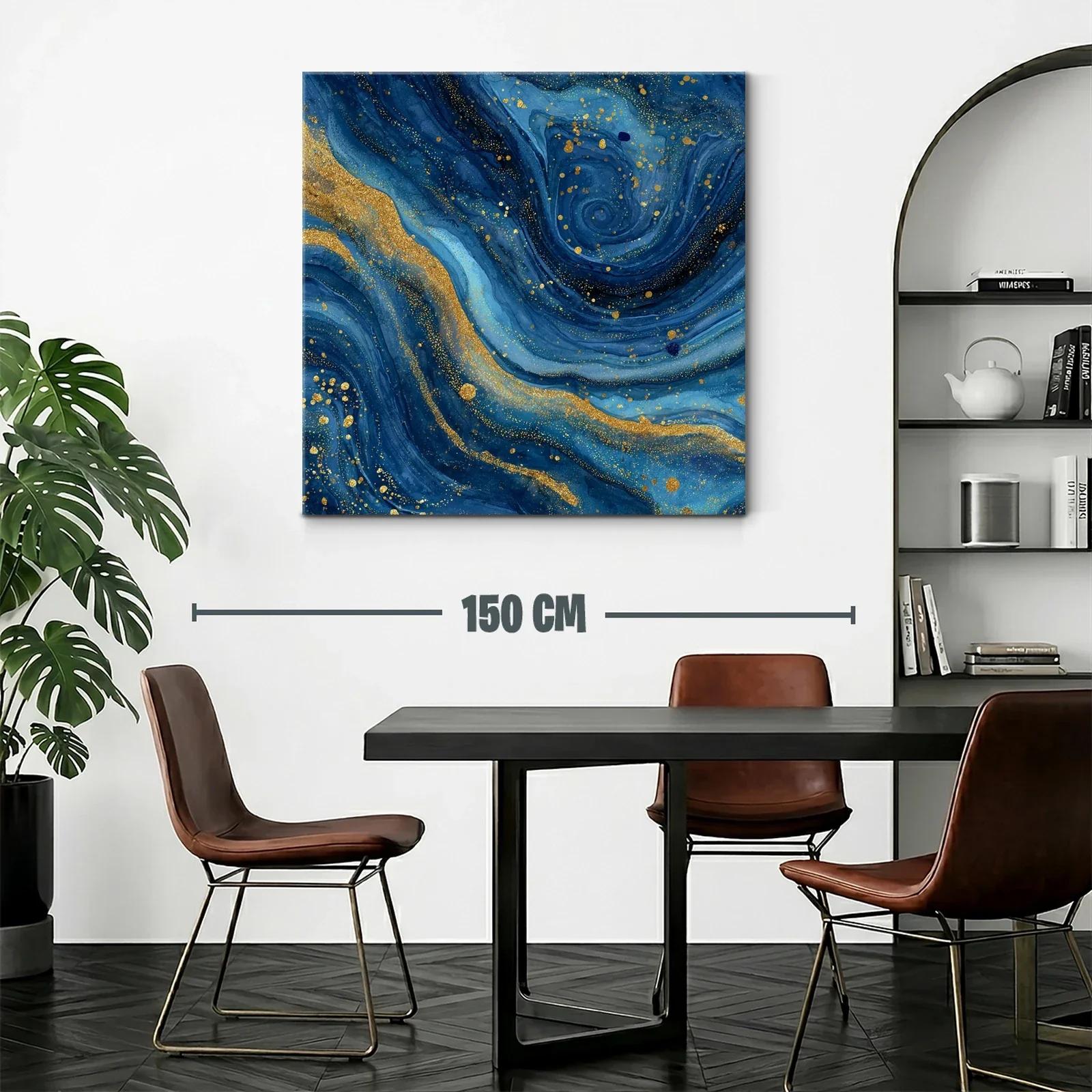 Cuadro abstracto en azul profundo con destellos dorados — miniatura 2