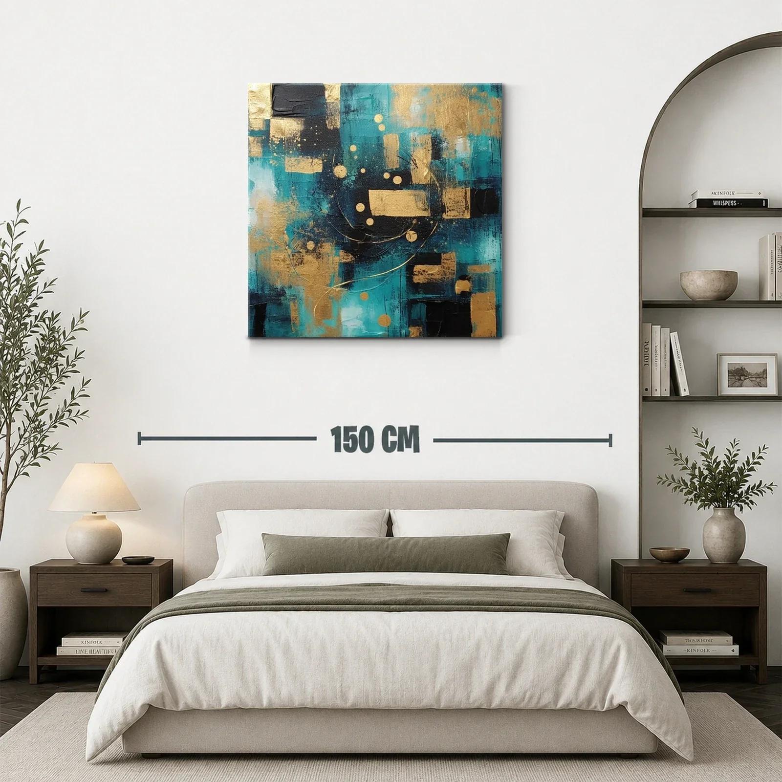 Cuadro abstracto con tonos azul turquesa y dorado — miniatura 3