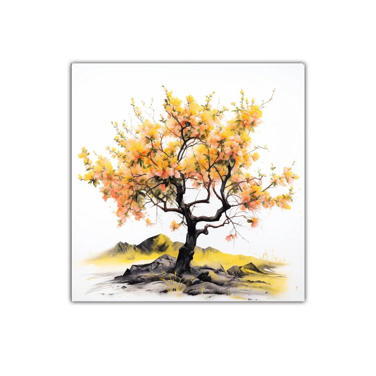 Arbol con flores amarillas y naranjas sobre rocas y paisaje