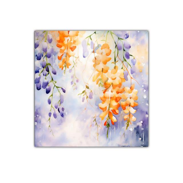 Cuadro decorativo con flores colgantes en tonos cálidos y violetas