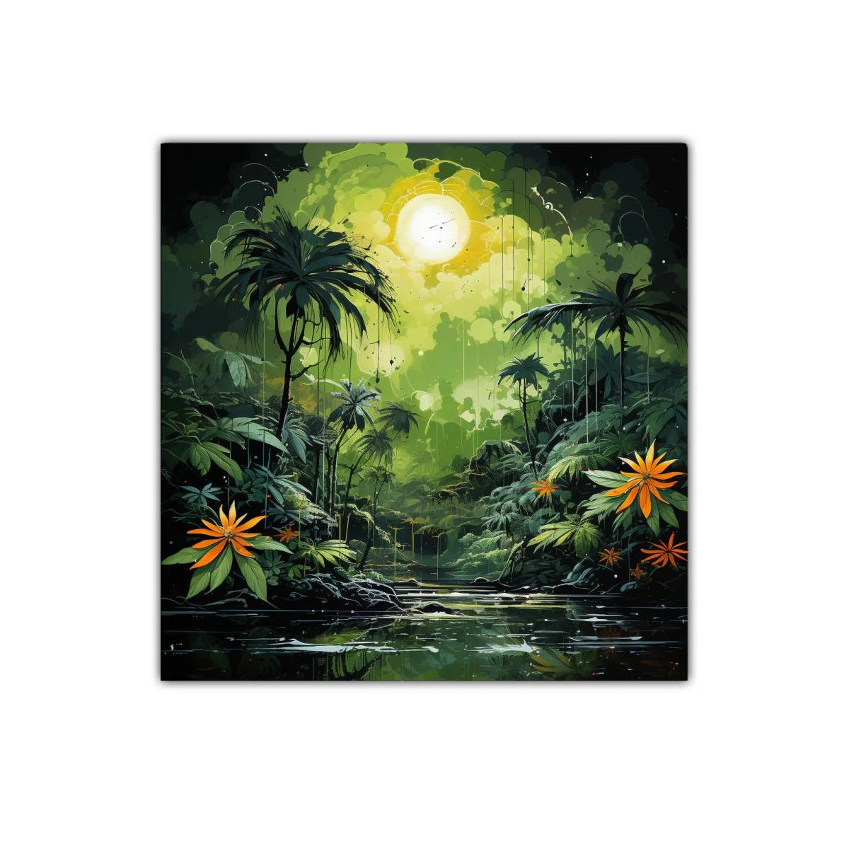 Paisaje selvático con vibrantes flores naranjas y luz intensa