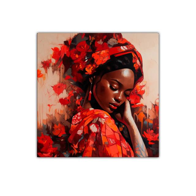 Retrato femenino rodeado de flores en tonos rojos vibrantes