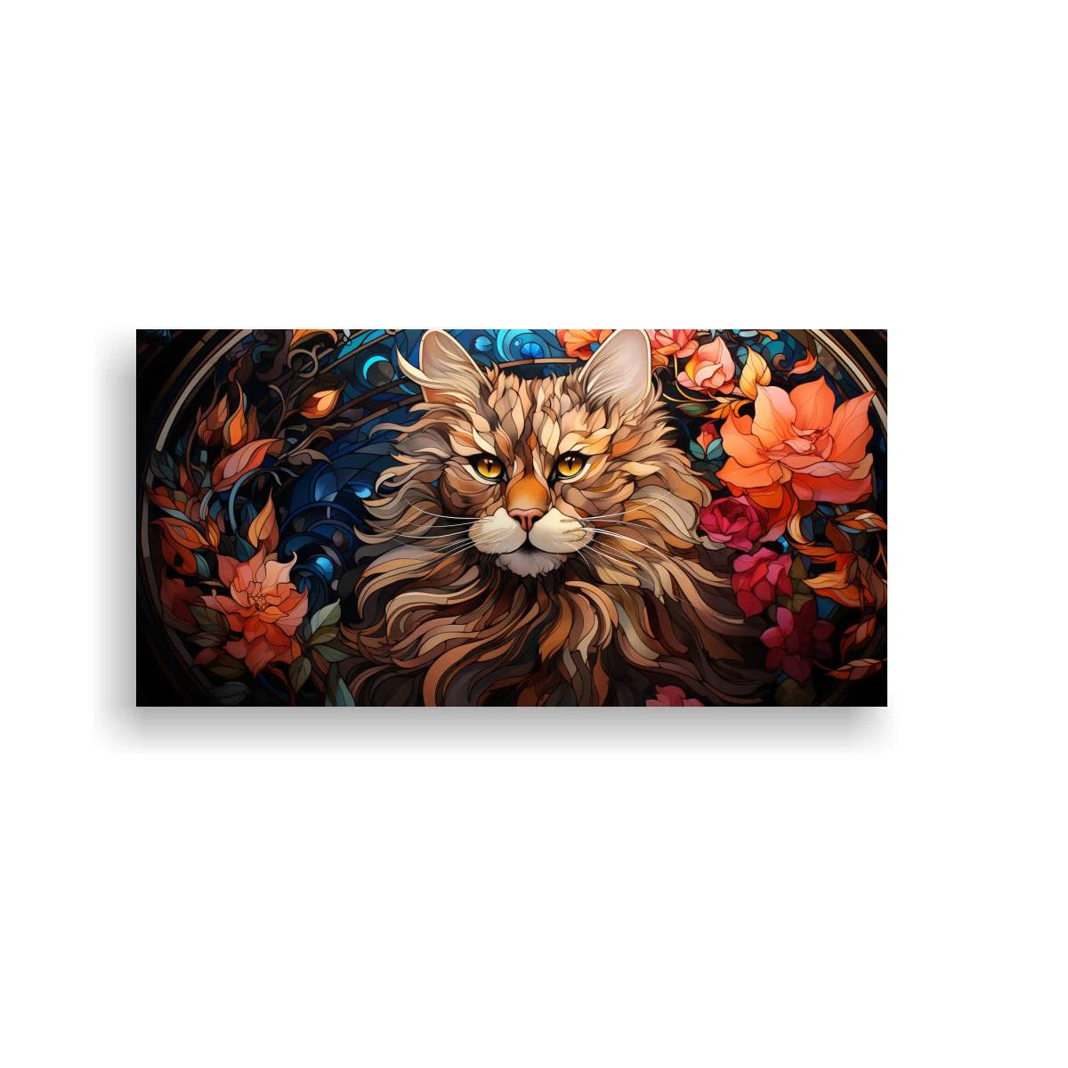 Cuadro gato de pelo largo rodeado de flores y follaje