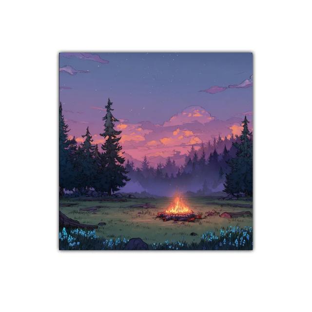 Atardecer en el bosque con hoguera encendida