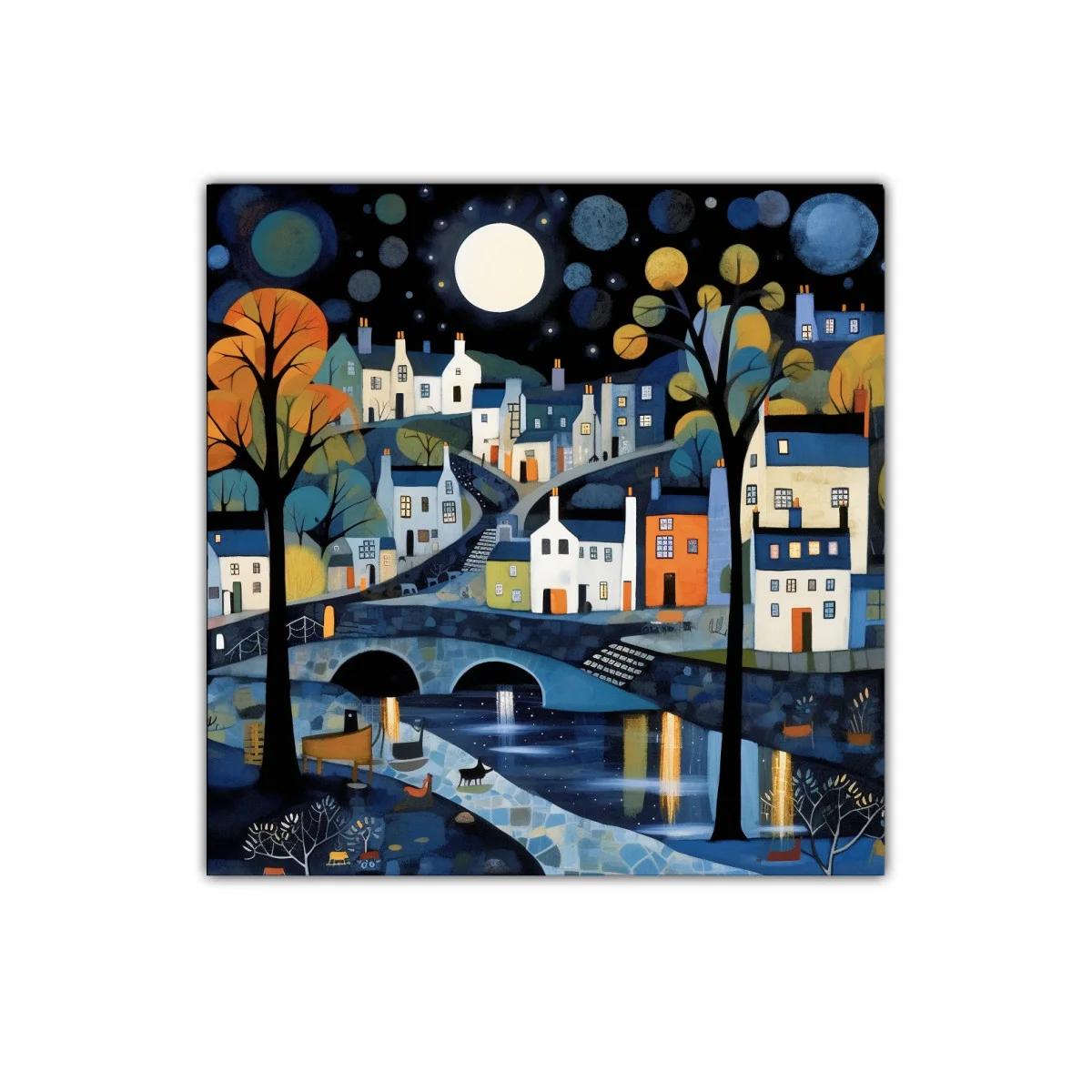 Paisaje nocturno de pueblo con luna llena y reflejos brillantes