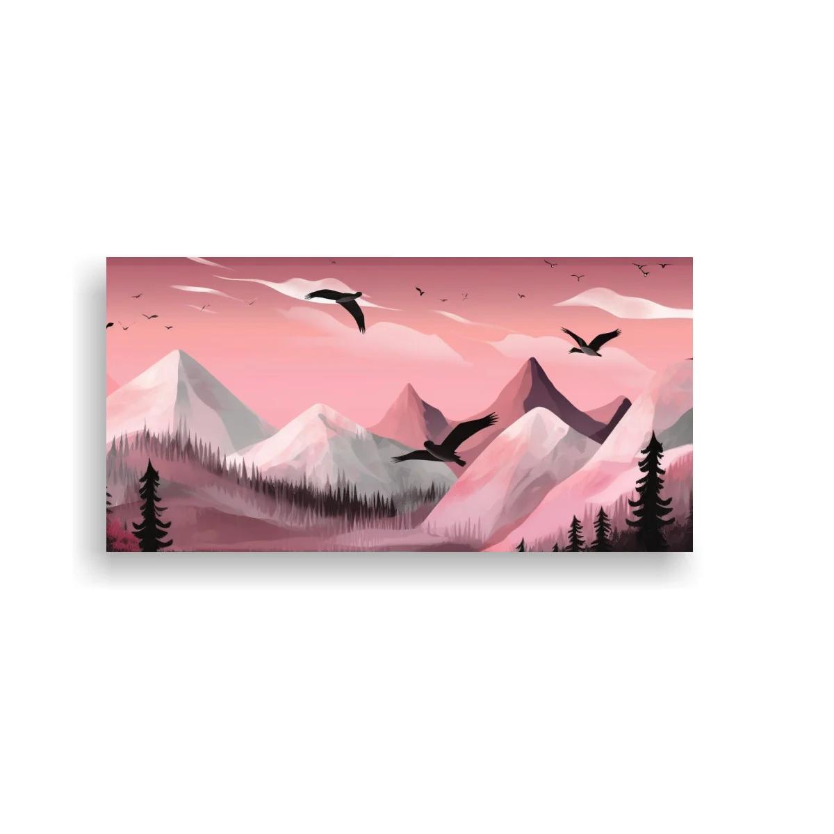 Cuadro cordillera de montañas rosadas con lago sereno