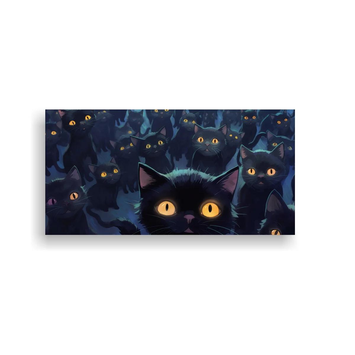 Cuadro gato negro de ojos amarillos con miradas alrededor