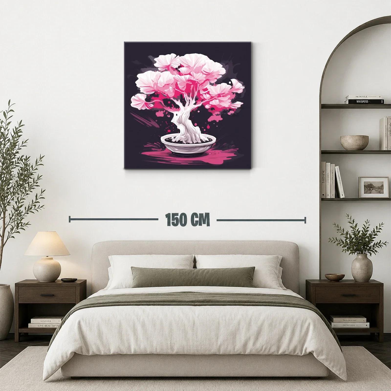 Bonsái en flor con tonos rosas vibrantes y fondo oscuro — miniatura 3