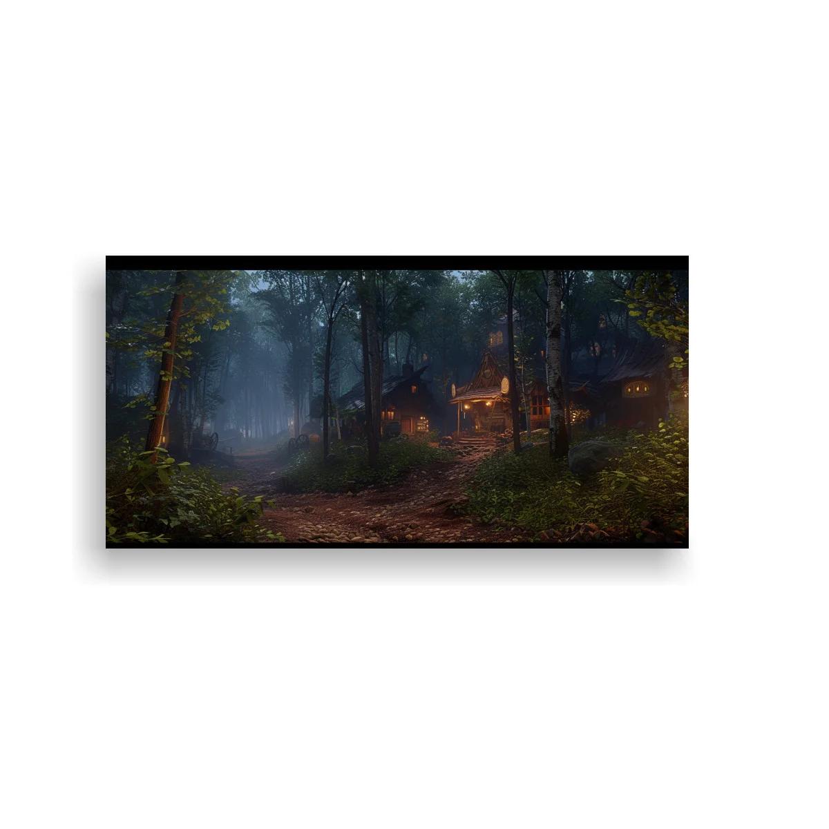 Cuadro bosque nocturno con cabaña iluminada y farol — imagen principal