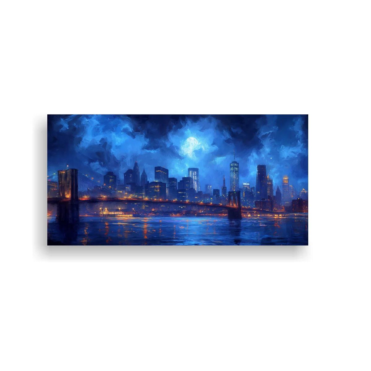 Cuadro skyline urbano nocturno con puente iluminado