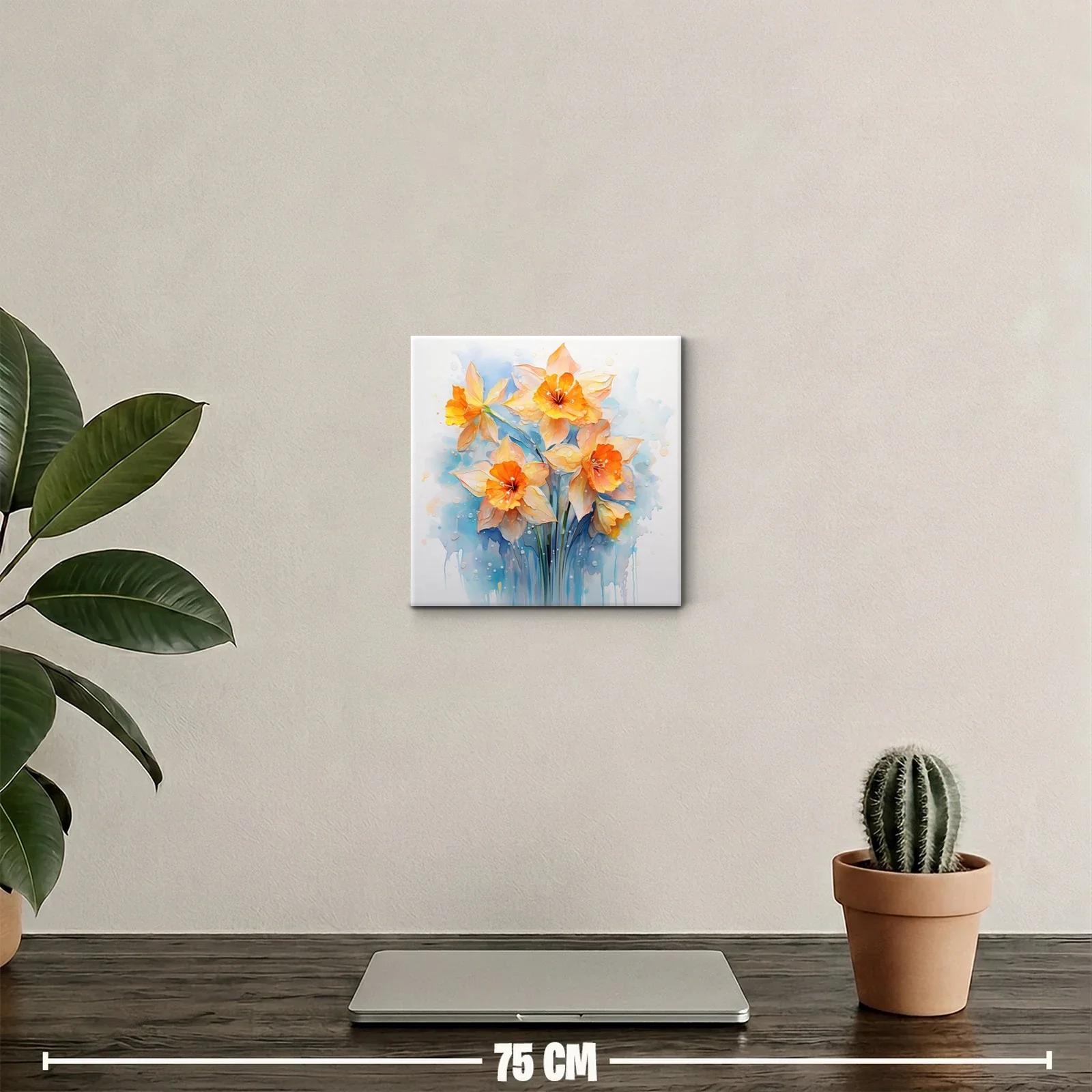 Cuadro floral con narcisos en tonos cálidos y azules suaves — miniatura 2