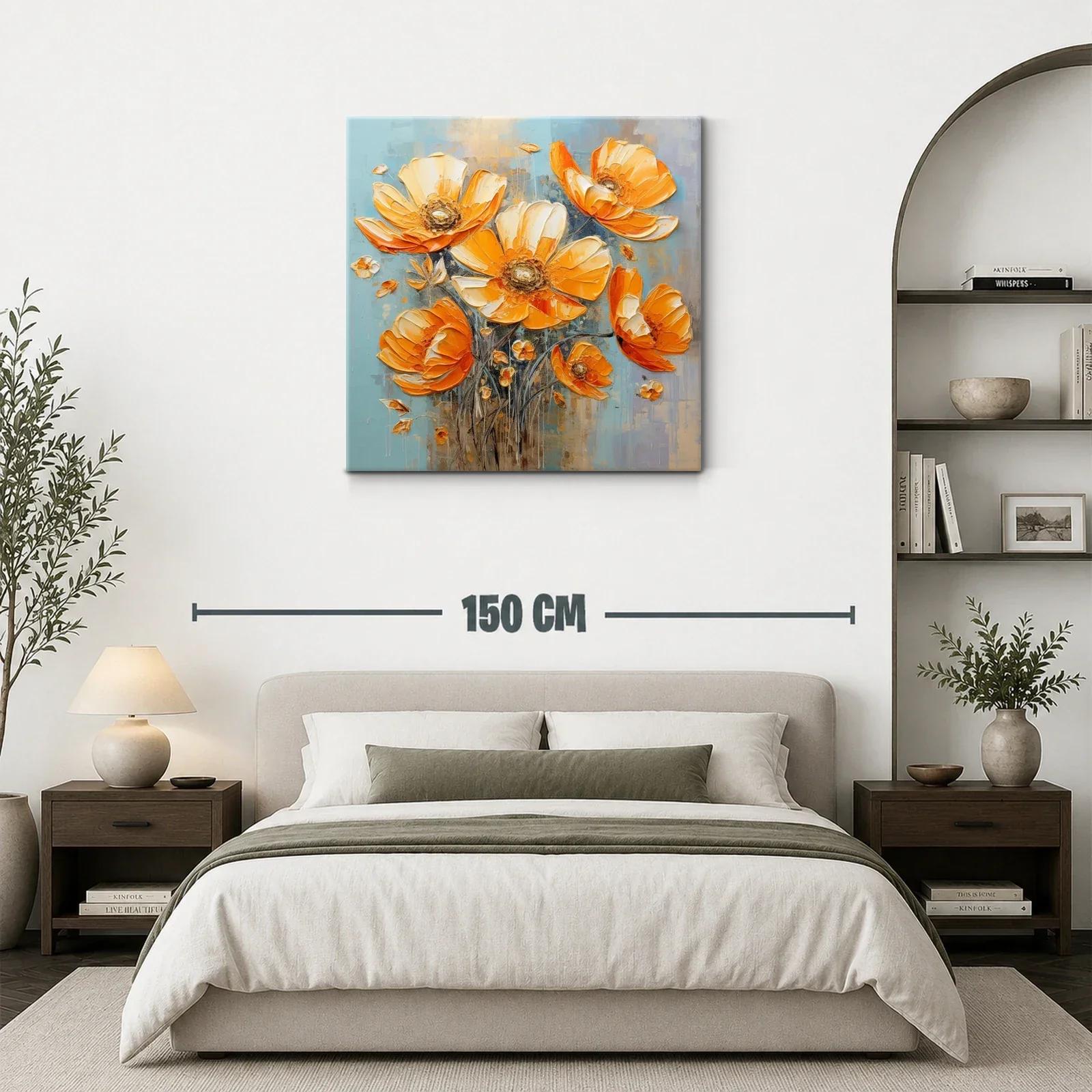 Cuadro floral vibrante en tonos cálidos y fondo azul — miniatura 3