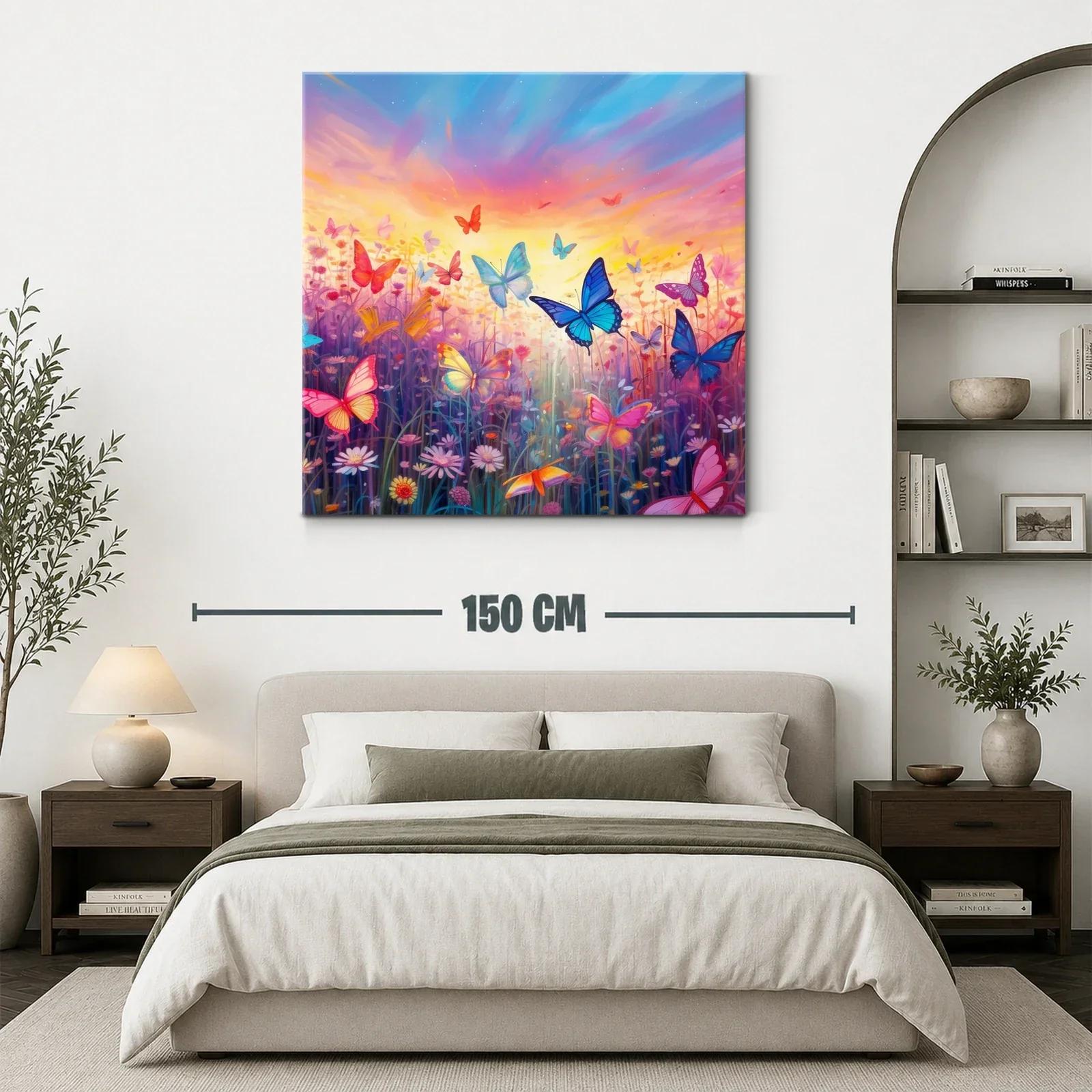 Mariposas en vuelo sobre campo de flores al amanecer — miniatura 3