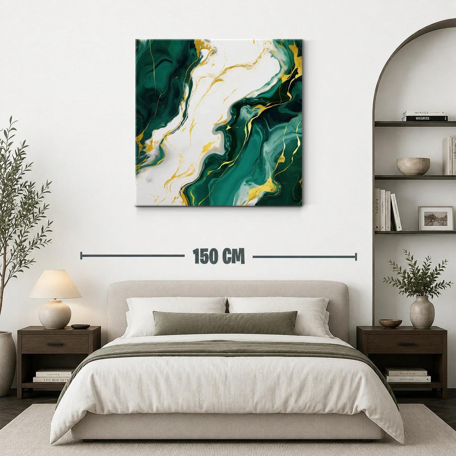 Cuadro abstracto con tonos verdes y detalles dorados — miniatura 3