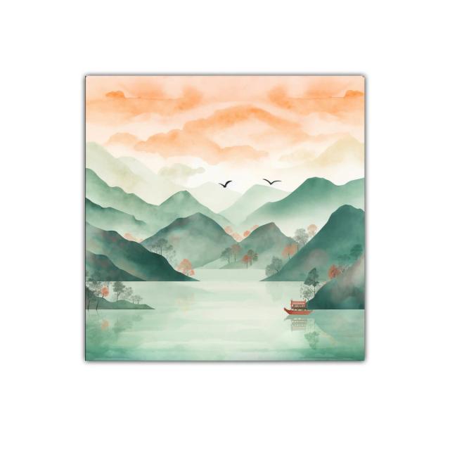 Serena escena de montañas y lago con tonos pastel cálidos
