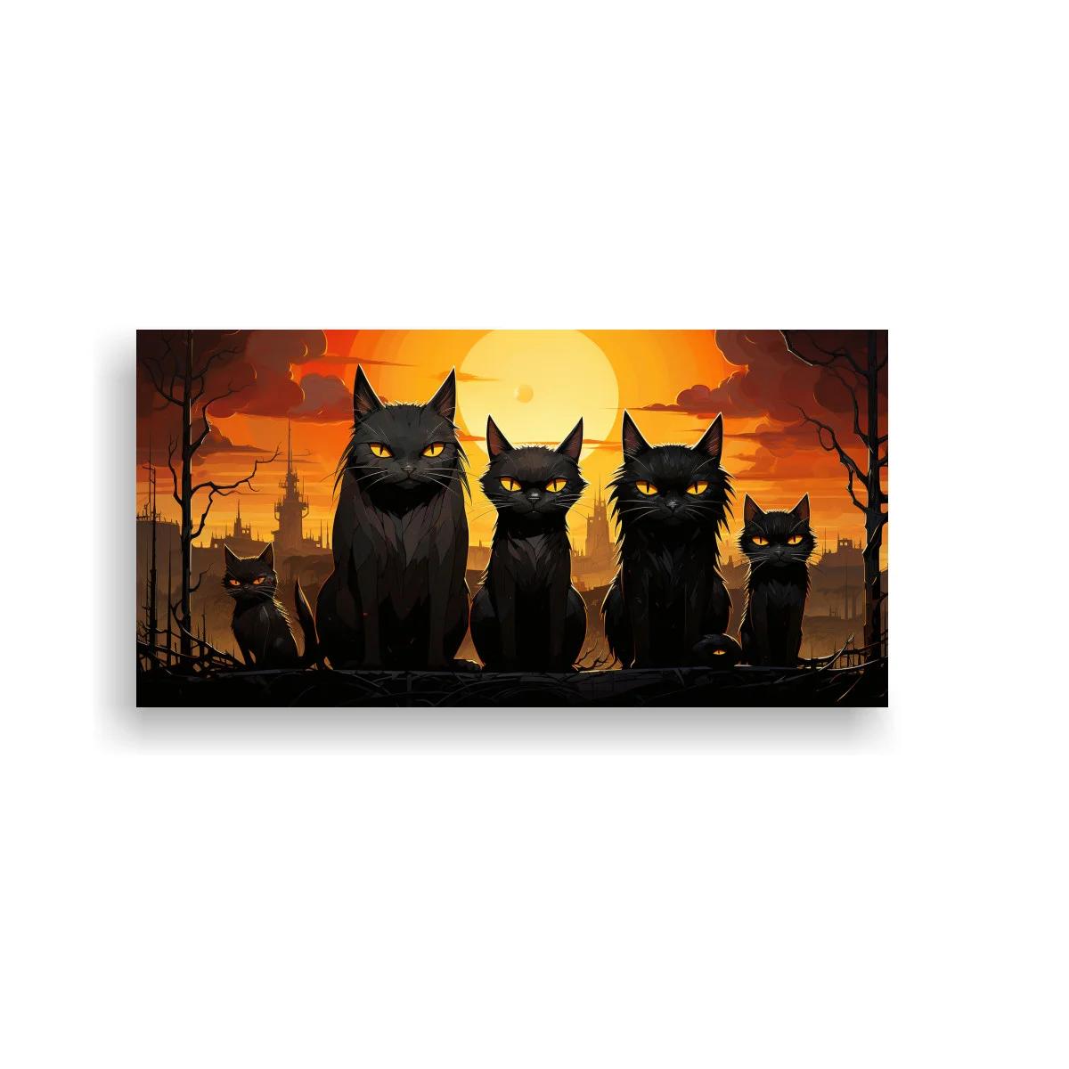 Cuadro cinco gatos negros ante un gran disco luminoso — imagen principal