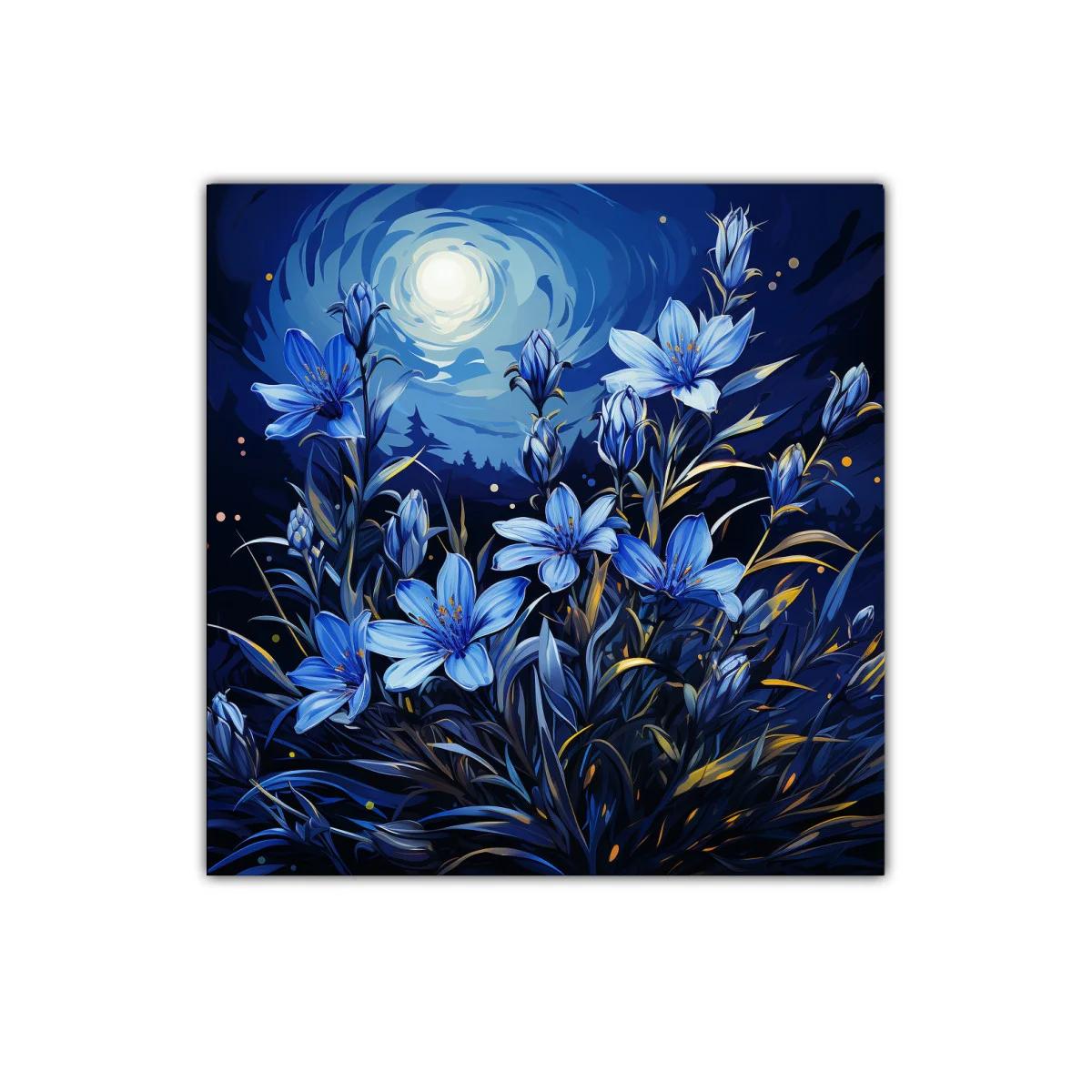 Ramo de flores azules bajo la luna brillante