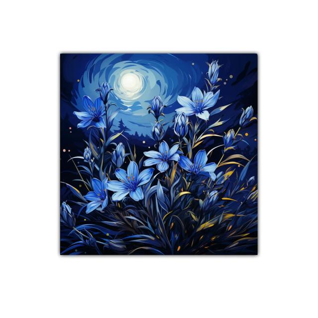 Ramo de flores azules bajo la luna brillante