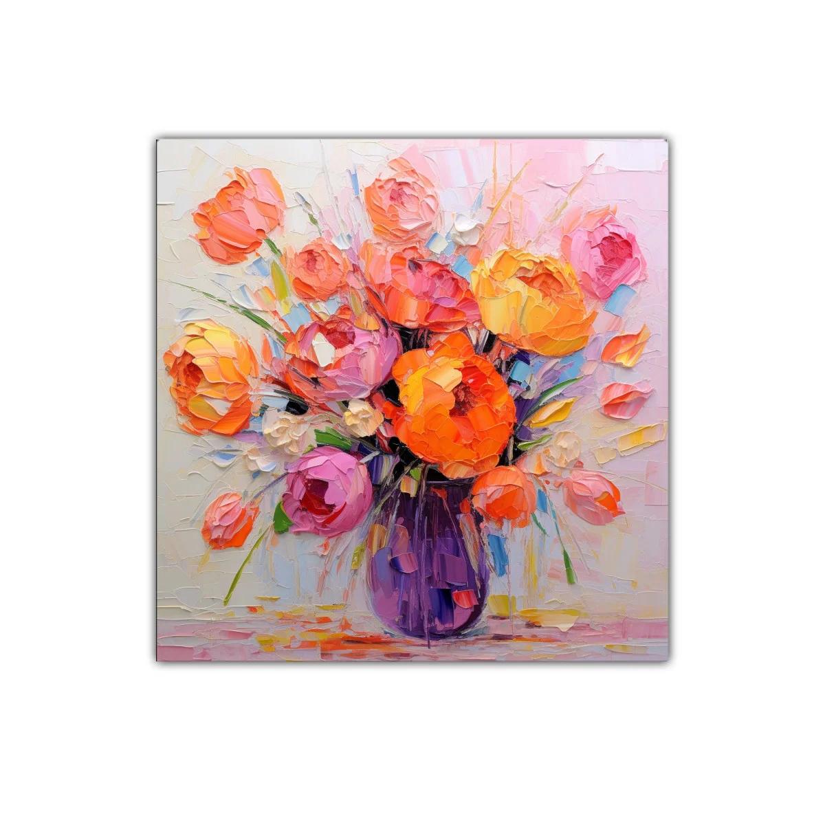 Cuadro vibrante con ramo de flores en tonos cálidos y pastel