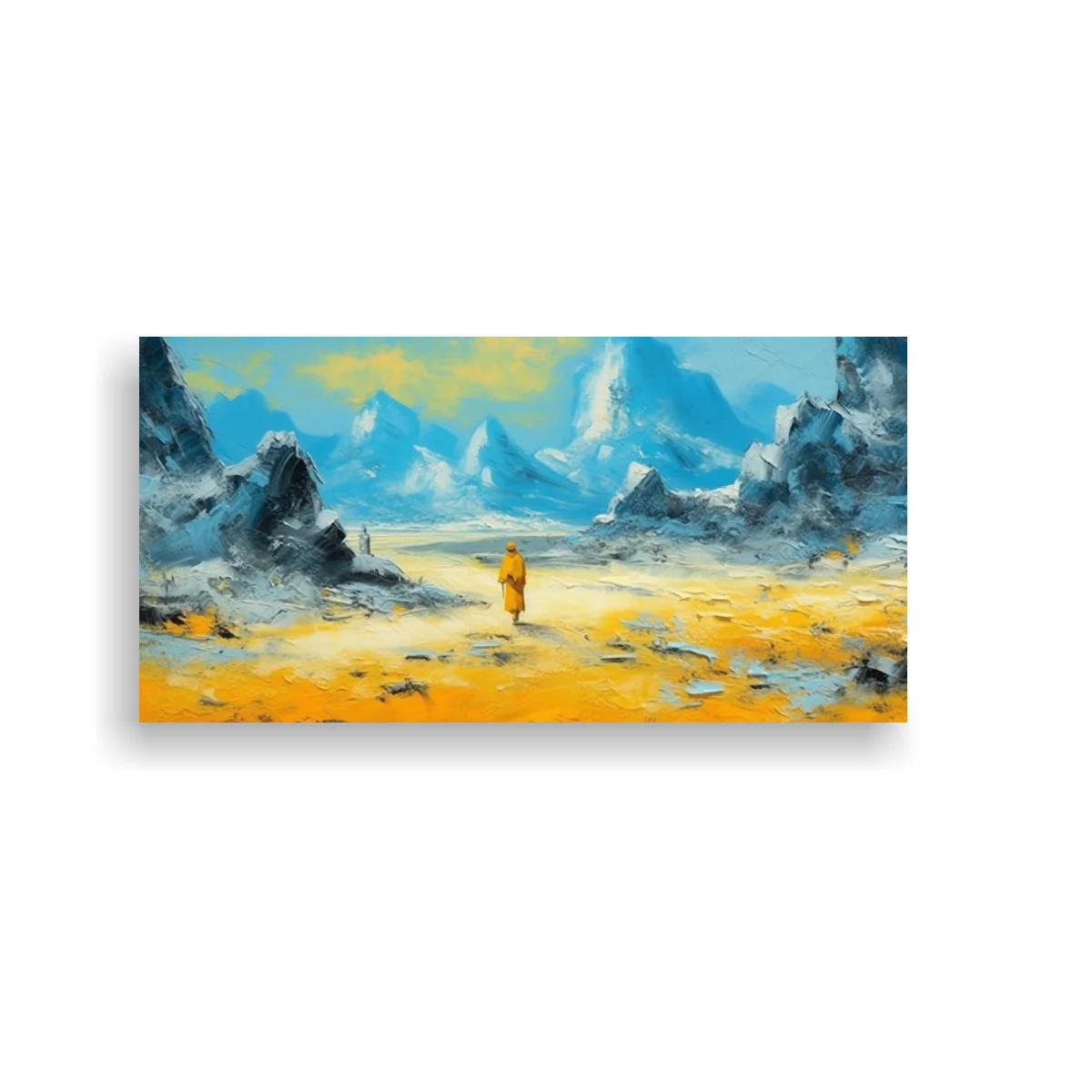 Cuadro figura humana solitaria con abrigo amarillo en paisaje