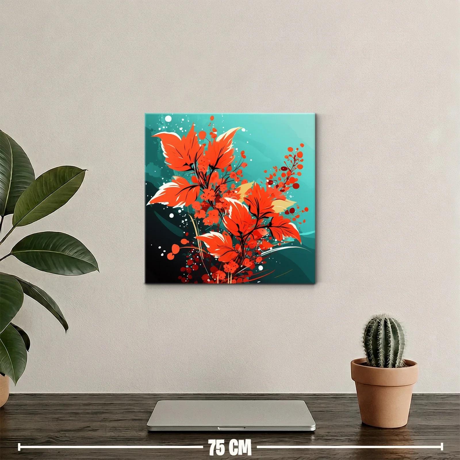 Cuadro moderno con hojas y flores en tonos rojos vibrantes — miniatura 2