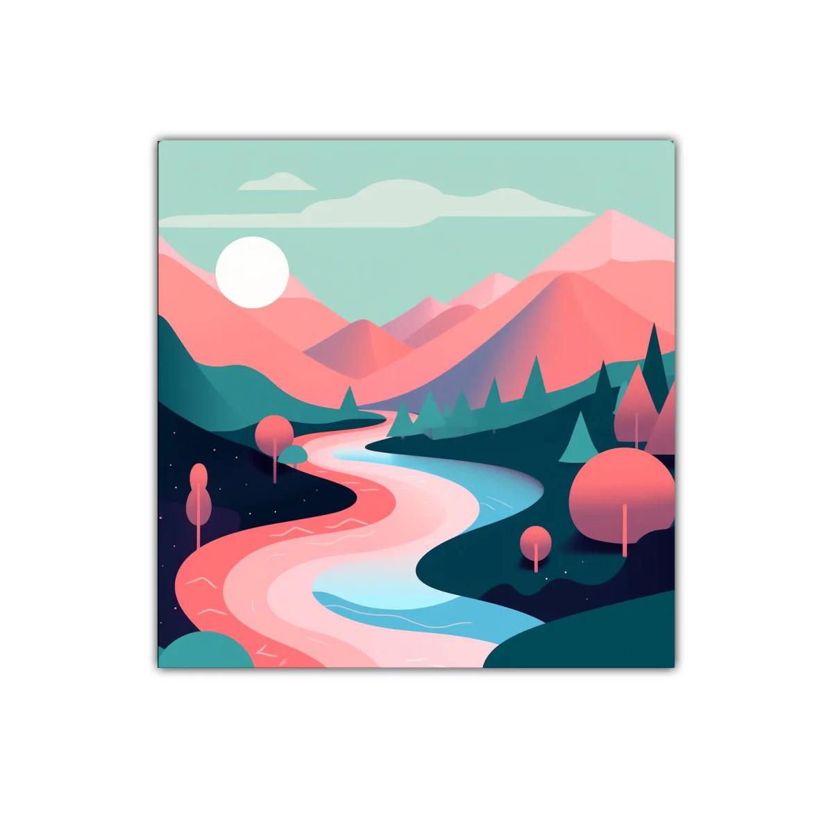 Paisaje cromático de río y montañas en tonos pastel