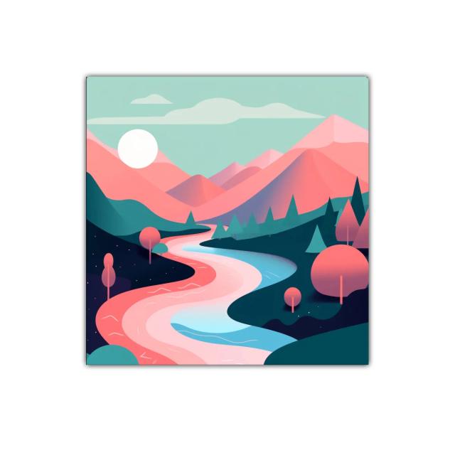 Paisaje cromático de río y montañas en tonos pastel