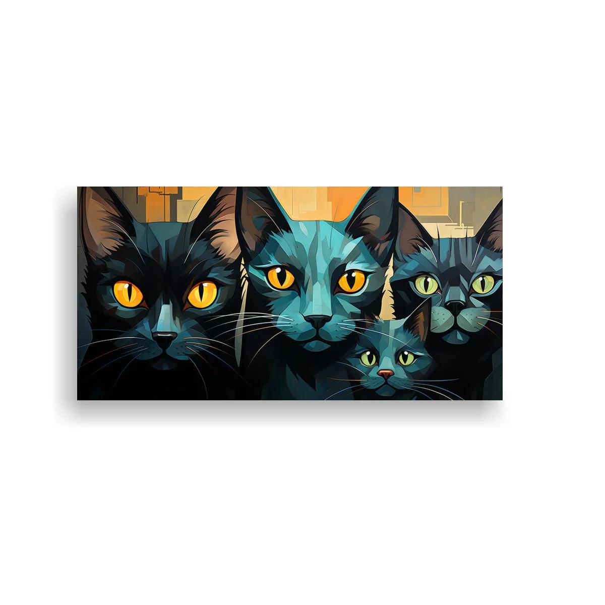 Cuadro grupo de gatos negros y turquesa con miradas frontales — imagen principal
