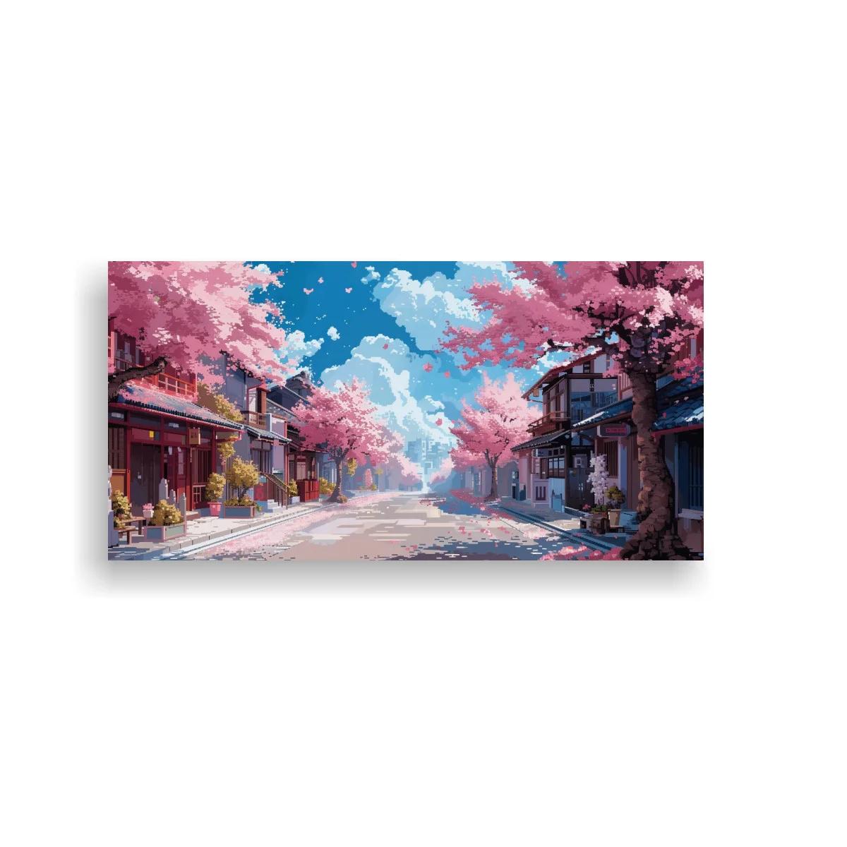 Cuadro calle japonesa con cerezos en flor y faroles