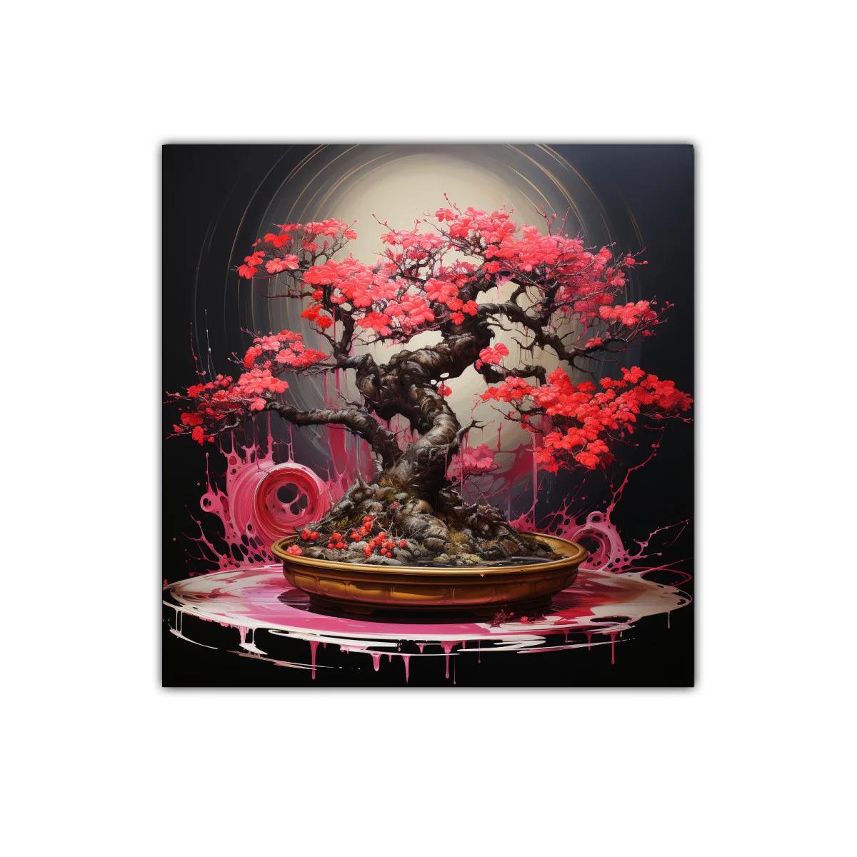 Árbol bonsái con vibrantes hojas rojas iluminado en círculo — miniatura 1