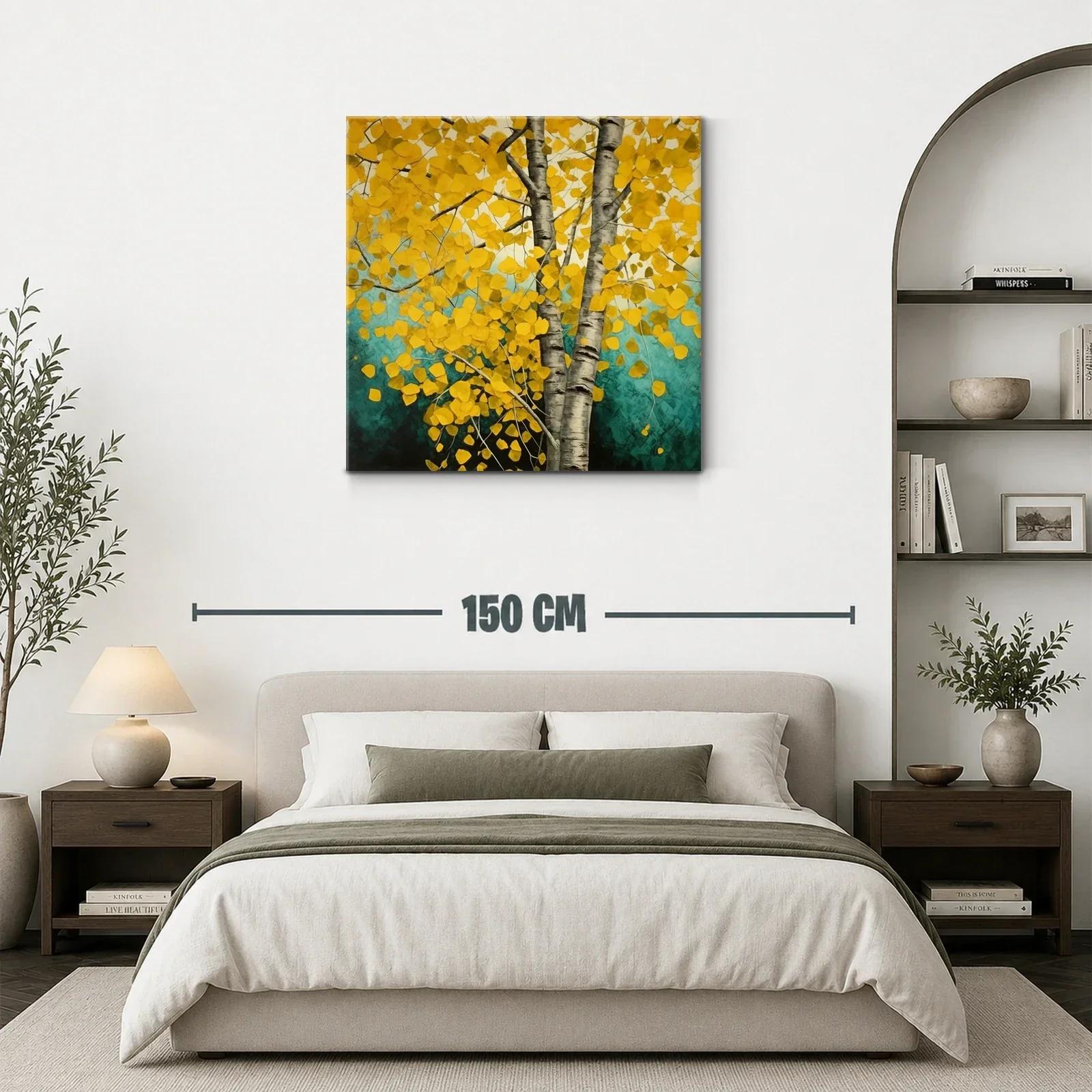 Árbol de hojas doradas con tronco plateado en fondo turquesa — miniatura 3