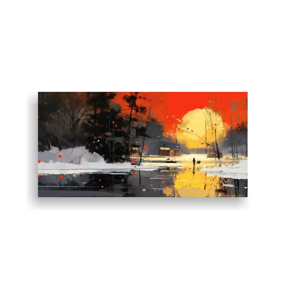 Cuadro paisaje abstracto con sol poniente y figuras lejanas — imagen principal