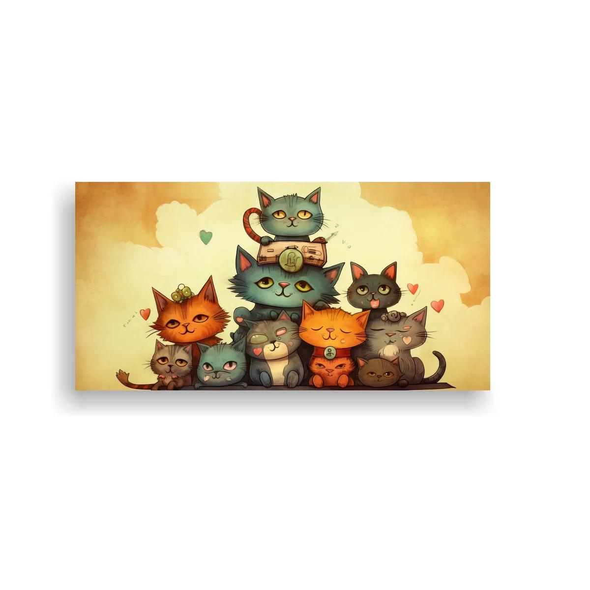 Cuadro grupo de gatos caricaturescos con corazones