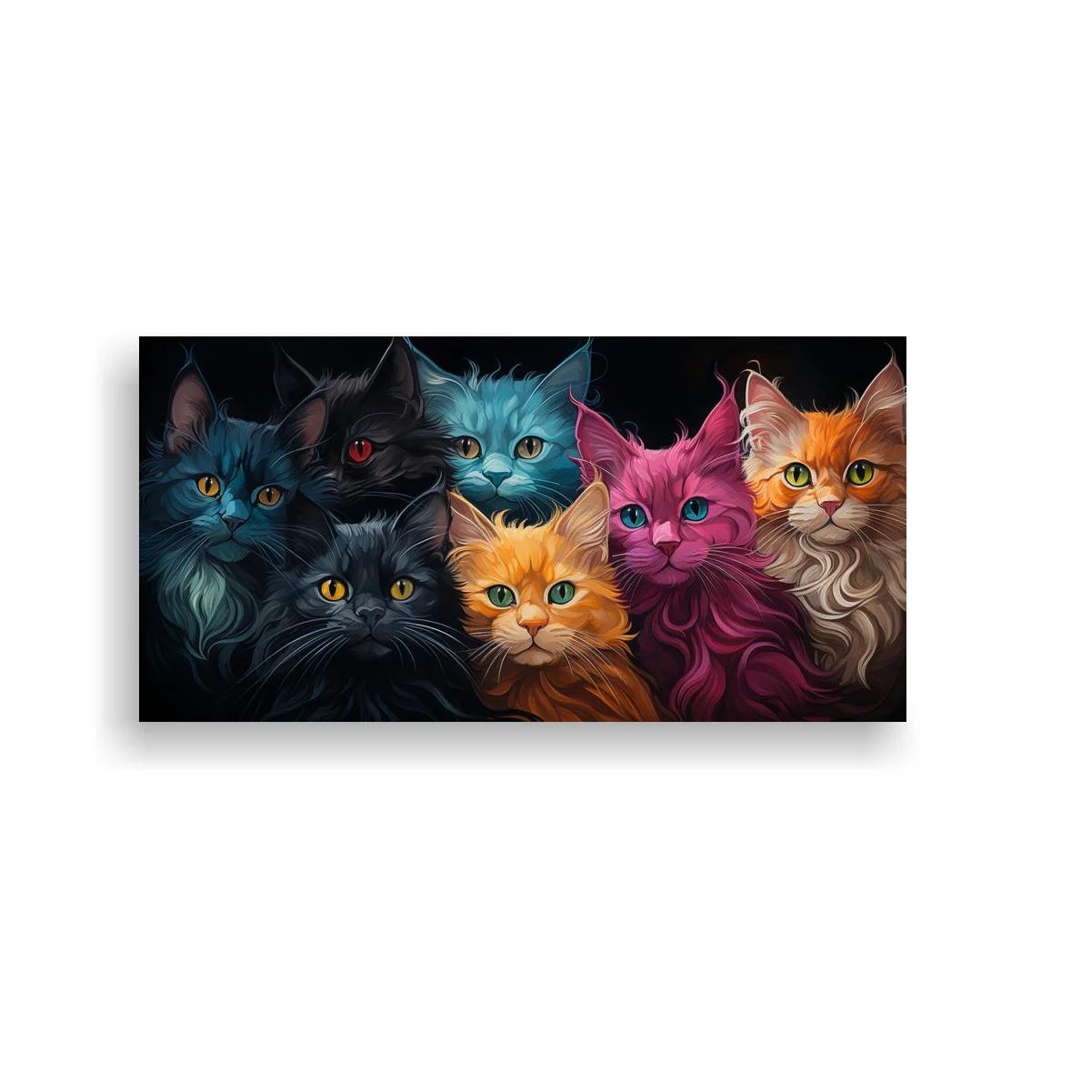 Cuadro grupo de gatos de colores sobre fondo negro