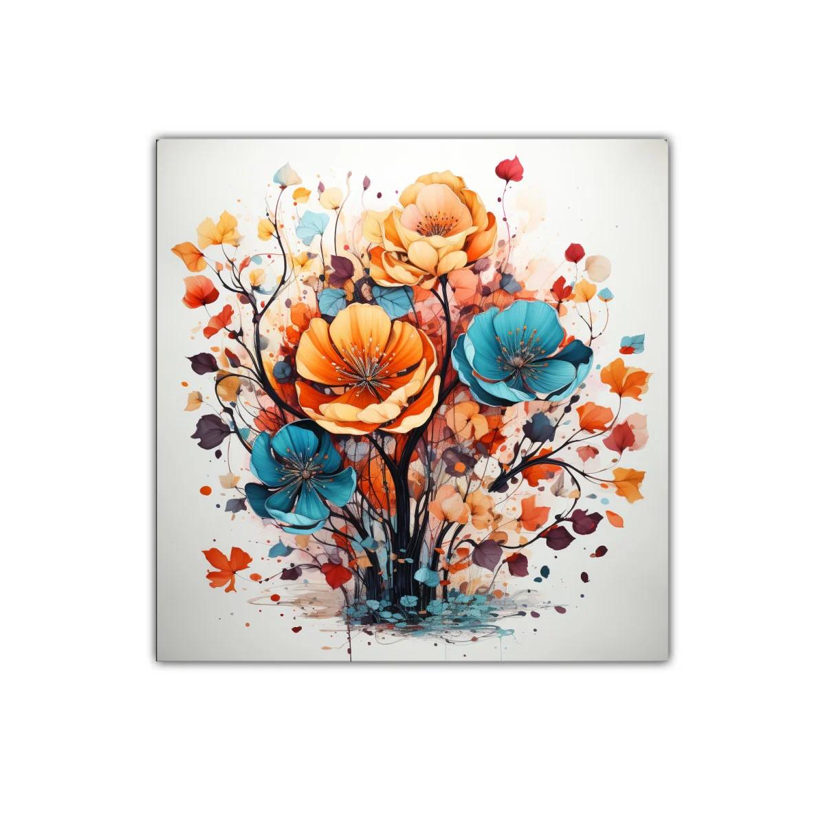 Cuadro floral vibrante con tonos cálidos y azules intensos