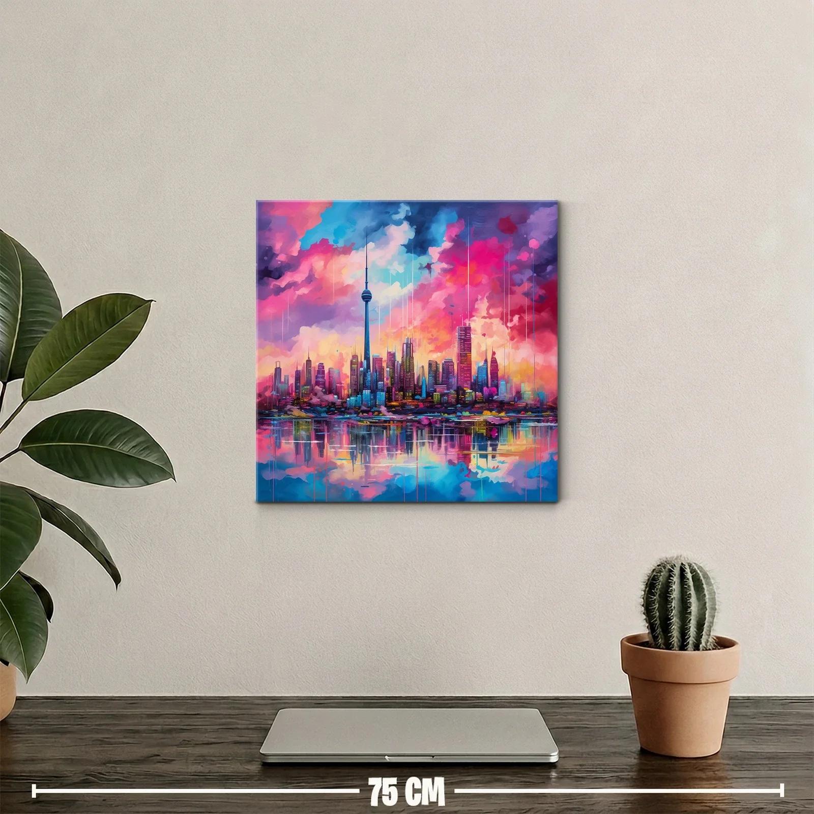 Atardecer vibrante sobre ciudad moderna y reflejos en agua — miniatura 2