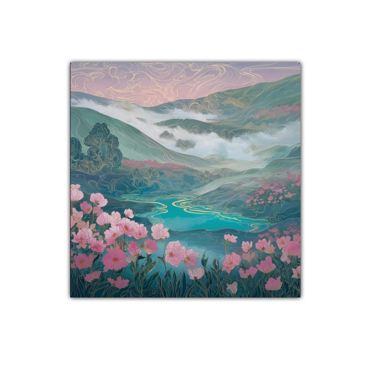 Paisaje floral con lago y montañas en tonos suaves — imagen principal
